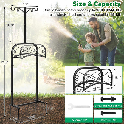Gtongoko Garden Hose Holder for Outside 43" Heavy Duty Freestanding Water Hose Holder with 4 Stable Spikes Metal Hose Stand Holds Up to 150FT Hose & 44LB Detachable Hose Storage for Yard Lawn Patio