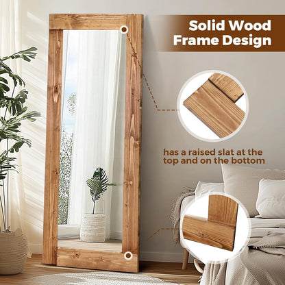 Solid Wood Full Length Mirror - 65"x22" Arched Floor Mirror, Free Standing & Wall Mounted - Elegant Design for Bedroom, Dressing Room, Hallway, Brown