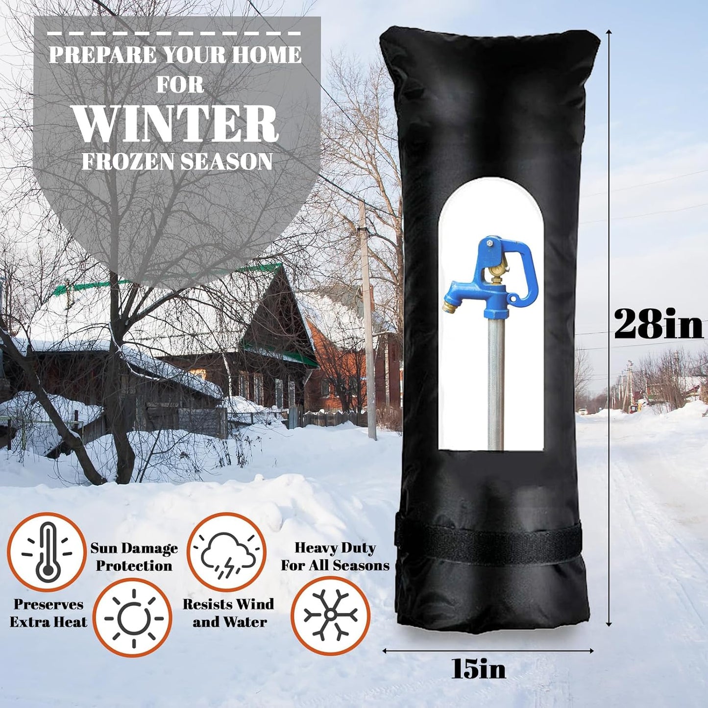Faucet Cover for Winter Freeze Protection - 15" W x 27.5" H Extra Long & Thick Insulating Outdoor Faucet Cover, Easy Install Frost-Proof Spigot Covers for Outdoor Hose Bibbs, Black