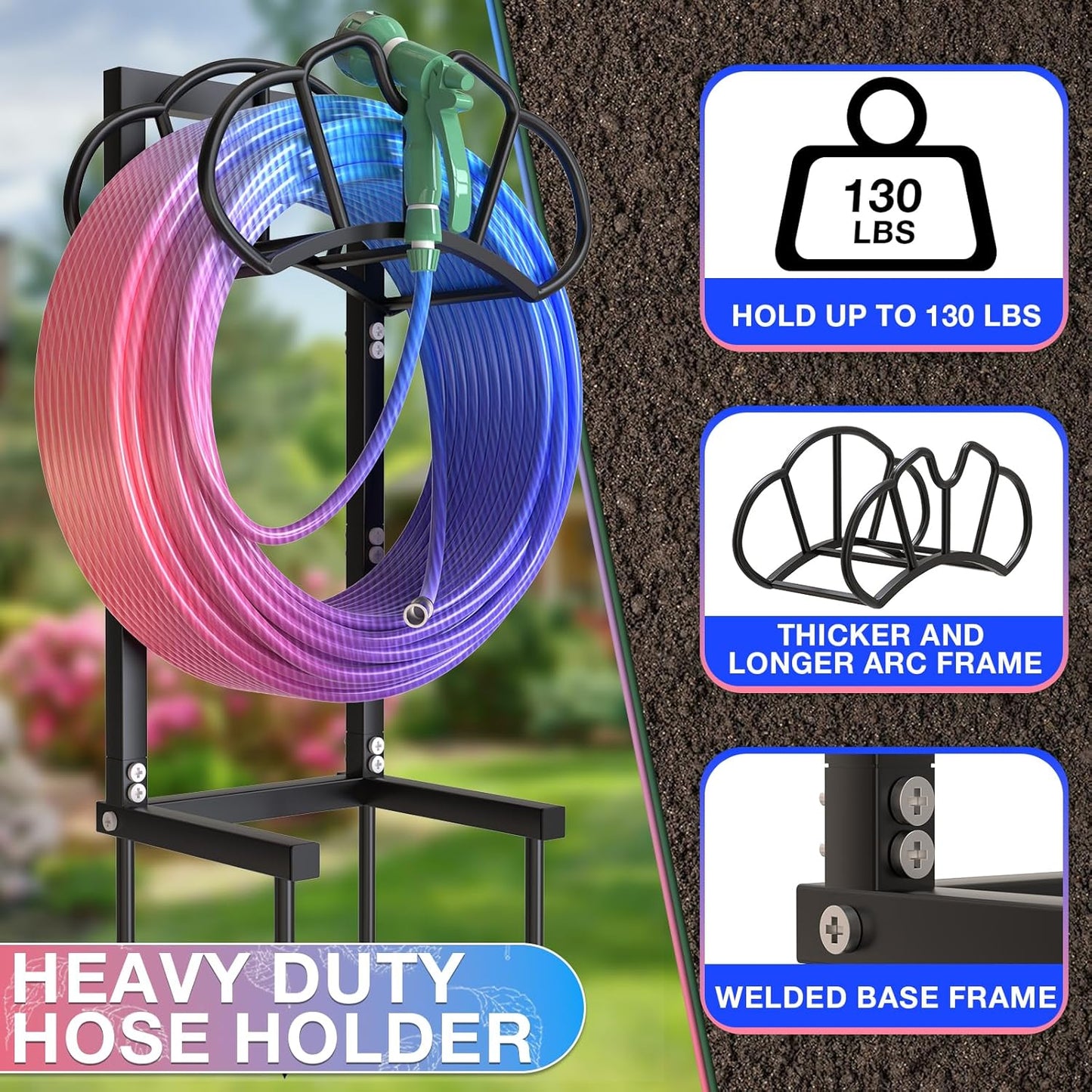 Qatsrin New Garden Hose Holder, Super Stable Water Hose Holders Stand Holds 160-Feet Hose, Rustproof Freestanding Hose Storage Hanger Rack for Outside Yard Lawn Farm, Black