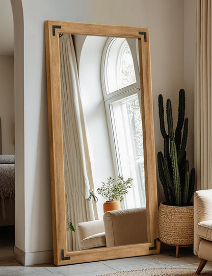 TRAHOME Full Length Mirror with Wooden Frame, 56"X22" Solid Wood Standing Floor Mirror for Farmhouse, Bathroom, Bedroom Decor, Hanging or Leaning Wall-Mounted