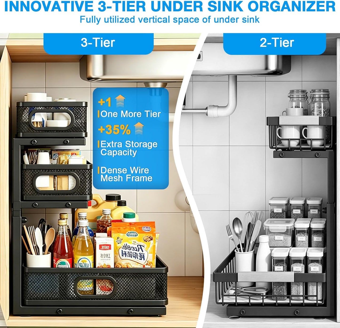 2-Tier bathroom cabinet organizer, bathroom organizers and storage with Adjustable Removable Dividers,Under Sink Organizing,Under Sink and Pull-Out Cabinet Organizer for Kitchen and Pantry Storage