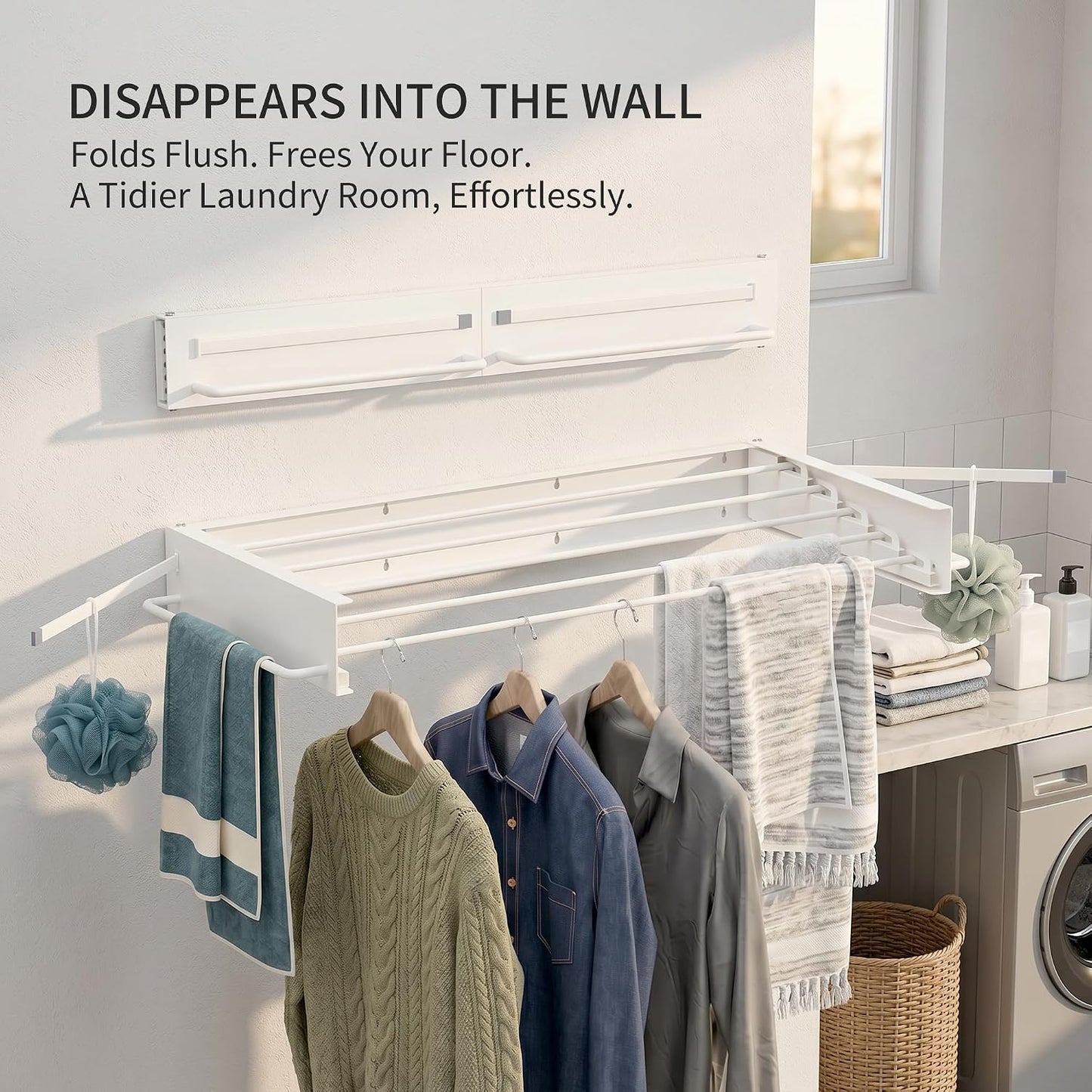 Wall Mounted Drying Rack, 31.5" Foldable Laundry Drying Rack, 60lbs Capacity, Retractable Clothes Drying Rack with Hooks, Space Saving Drying Rack for Laundry Room, Apartment