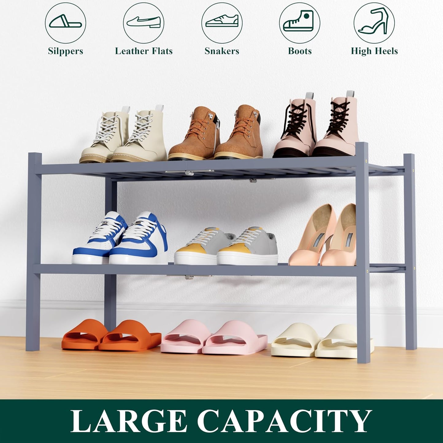Smiry Bamboo Shoe Rack, 3 Tier Free Standing Wooden Shoe Organizer, Stackable Wood Shoe Storage Shelf for Closet, Entryway, 12 Vertical Slats, 2+1 Stack Standard Legs, 26.8"x11"x19.5", Natural