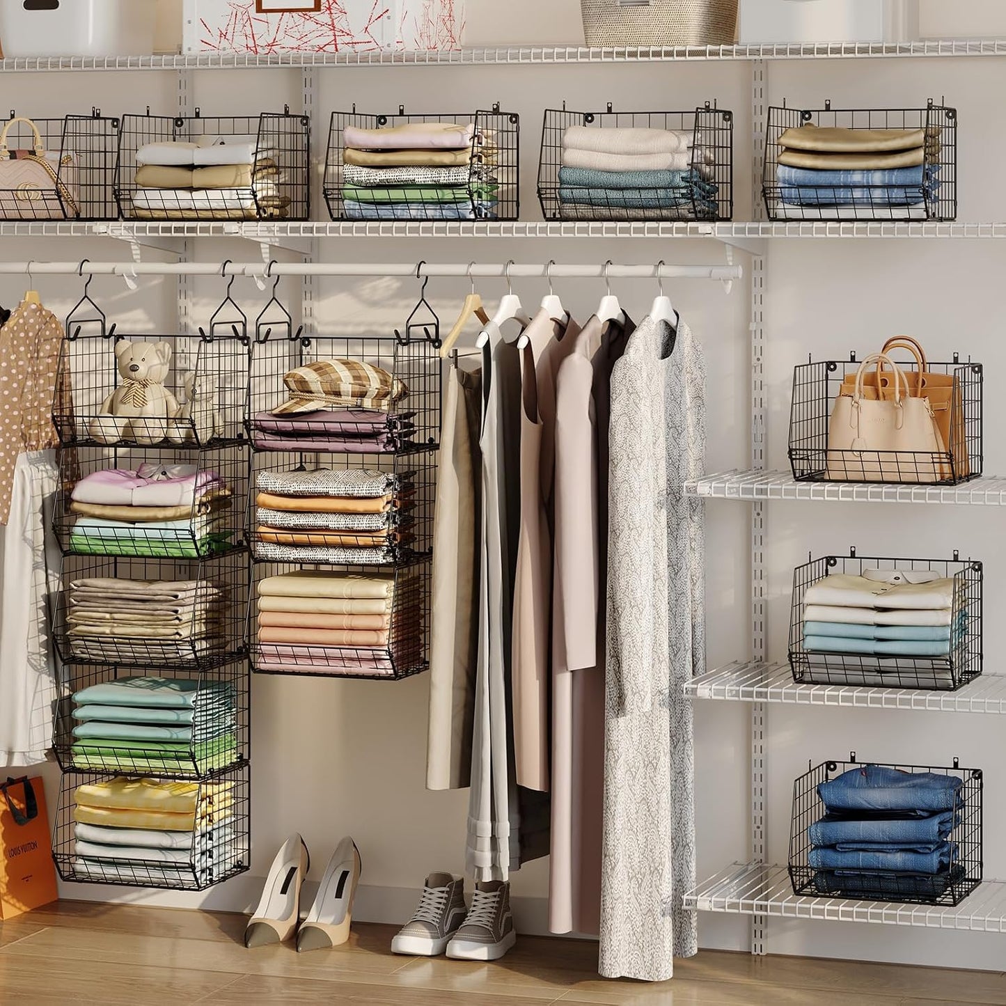 X-cosrack 6 Tier Closet Hanging Organizer, Clothes Hanging Shelves with 4 Hanging Hooks 5 S Hooks, Wire Storage Basket Bins, for Clothing Sweaters Shoes Handbags Clutches Accessories Patent