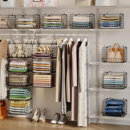 X-cosrack 6 Tier Closet Hanging Organizer, Clothes Hanging Shelves with 4 Hanging Hooks 5 S Hooks, Wire Storage Basket Bins, for Clothing Sweaters Shoes Handbags Clutches Accessories Patent
