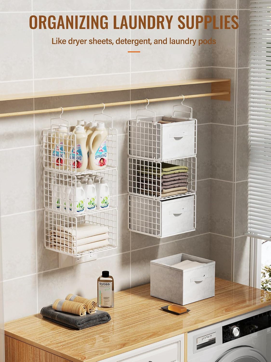 Hanging Closet Organizer, 4 Tier Metal Closet Organizers and Storage with 4 Hanging Hooks 4 S-Hooks for Wardrobe Laundry Room, Wire Storage Shelf for Clothes Sweaters Pants (White)