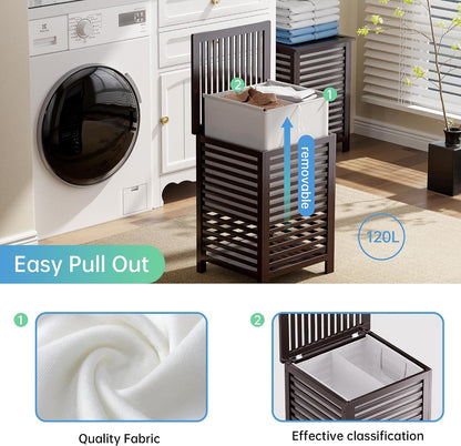 SMIBUY Double Laundry Hamper with Lid, 120L Bamboo Laundry Basket with Removable Liner Bag, 2-Section Clothes Divider Laundry Sorter for Laundry Room, Bathroom, Bedroom (Walnut)