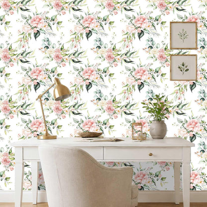 Pink Floral Peel and Stick Wallpaper Self Adhesive Removable Thick Vinyl Watercolor Botanical Flower Accent Wall for Bedroom Bathroom Living Room Renter Friendly 17.7" x 118"
