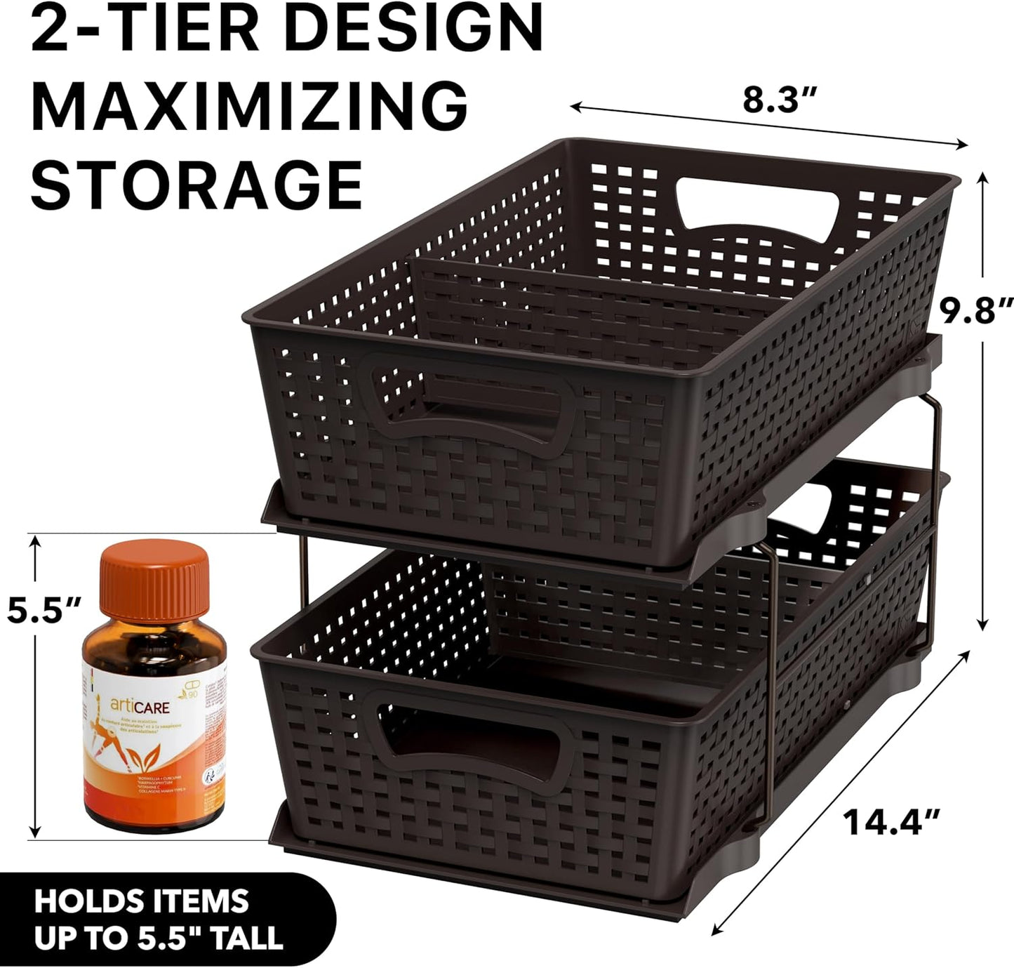 Simple Houseware 2 Tier Bathroom Organizer Tray Pull-Out Sliding Drawer/Under-Sink Storage, Clear