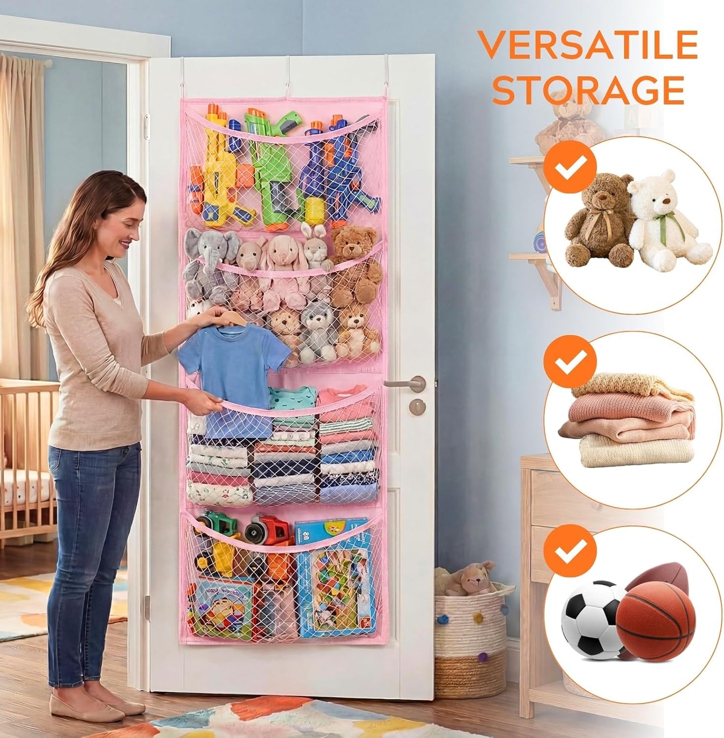 Ofiray-home Cotton Over The Door Stuffed Animal Storage | Toy Organizer for Storage Plush Toys, Stuffed Animal Holder with 4 Large Pockets, Hanging Door Organizer for Nursery
