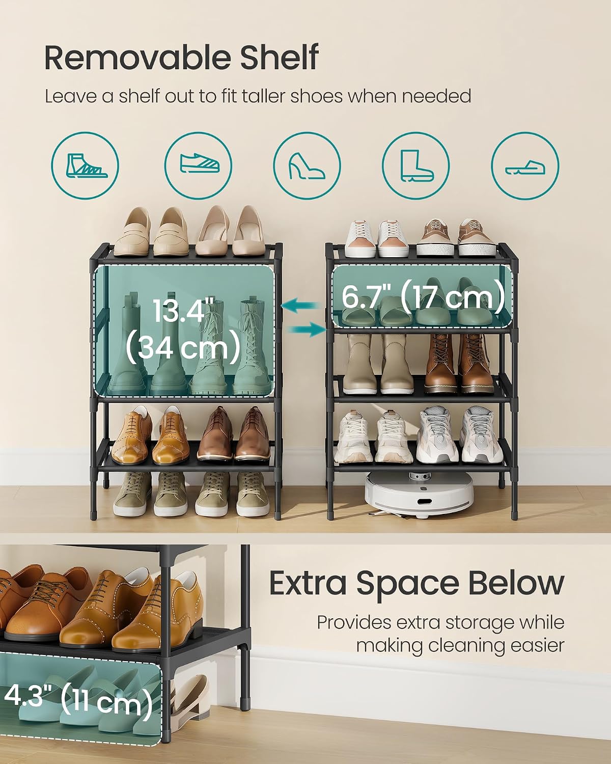 SONGMICS Shoe Rack, 2-Tier Shoe Storage Organizer, Space-Saving, 11.7 x 16.5 x 12.2 Inches, Entryway, Metal Frame, Non-Woven Fabric Shelves, Ink Black ULSH012BH01