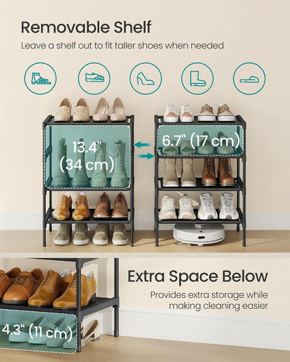SONGMICS Shoe Rack, 2-Tier Shoe Storage Organizer, Space-Saving, 11.7 x 16.5 x 12.2 Inches, Entryway, Metal Frame, Non-Woven Fabric Shelves, Ink Black ULSH012BH01