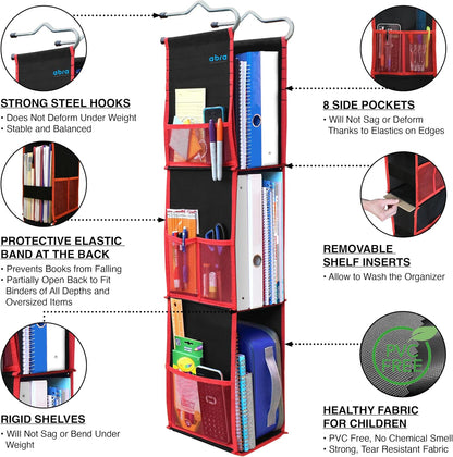 ABRA® 3 Shelf Hanging Locker Organizer for School, Gym, Work, Storage | Deep Shelves 6”x 9”| Eco-Friendly Fabric Healthy for Children | Adjustable School Locker Shelf 3 to 2 Shelves (Pink)