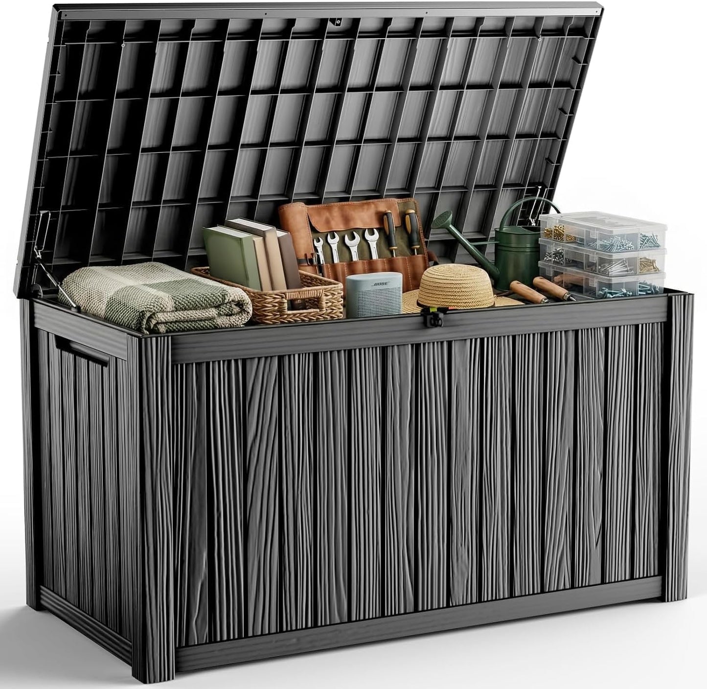 Outdoor Waterproof Resin Storage Deck Box Lockable Outside Bench UV Resistant Bin Patio Porch Furniture Pool Float Garden Tool Cushion (Black, 85 Gallon)