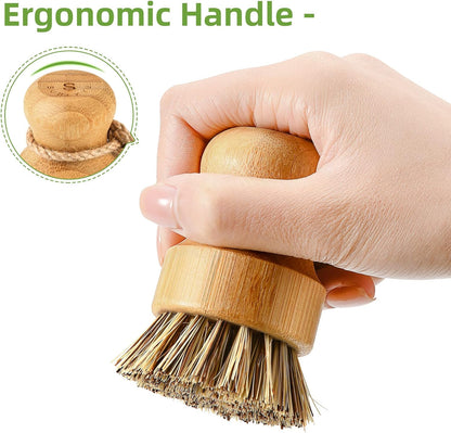 Bamboo Dish Scrub Brushes,Kitchen Wooden Cleaning Scrubbers Set for Washing Cast Iron Pan/Pot, Natural Sisal Bristles, Set of 3