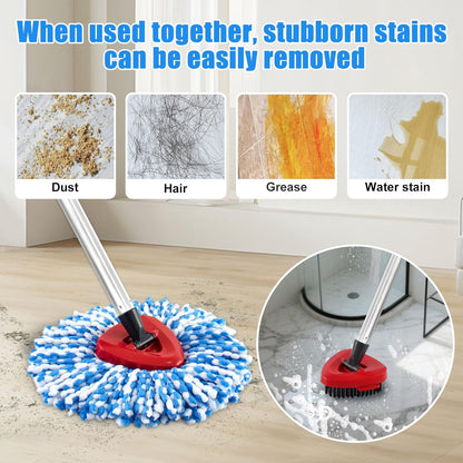 Mop Heads for O Cedar RinseClean 2 Tank Spin Mop System, 3 Microfiber Mop Head Refills and 3 Chenille Mop Pads,1 Scrub Brush, and 1 Mop Base with Mop Handle Set Combo