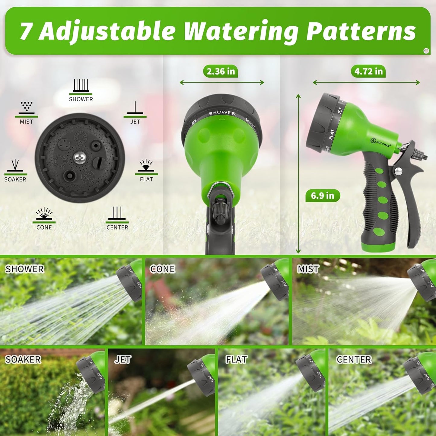 AUTOMAN Garden Hose Nozzle - 2 Pack, 100% Metal High Pressure Spray Nozzle, Labor-Saving Design, Heavy Duty for Garden Watering, Car Washing, Window Cleaning, Pets Bathing