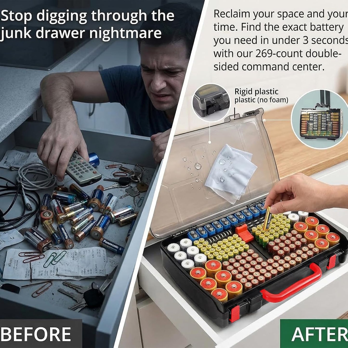 Battery Organizer Storage Case with Tester for 269 Batteries, Double Sides | Plastic, For AA AAA 4A C D Cell 9V 3V LR44 CR2 CR123 CR1632 18650 Button, Wall/Drawer, For Families/DIY/Home/Garage, Grey
