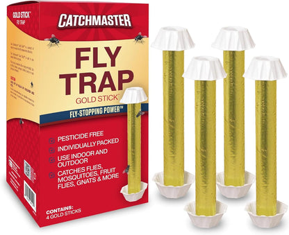 Catchmaster Gold Stick 4-Pack, Sticky Hanging Fly Traps Indoor & Outdoor | Includes a food-based lure to draw flies; reflective gold foil; lay, stand, or hang; captures house flies, gnats & insects