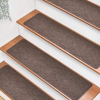 HITSLAM Stair Treads for Wooden Steps, 15 Pack 8 x 30 Inch Peel and Stick Carpet Stair Treads Non-Slip Indoor, Safe for Kids and Dogs, Stair Runners with Self-Adhesive Backing, Easy to Install, Brown