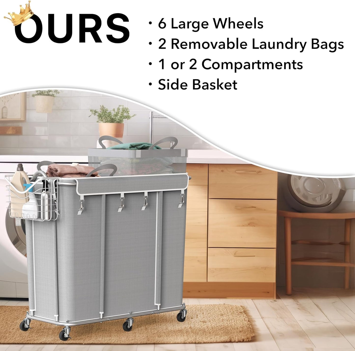 Simple Houseware Extra Large 2 Section Rolling Laundry Cart 265L (70 Gal) – Heavy Duty Hamper with 2 Removable Bags & 6 Smooth Wheels – Commercial Laundry Organizer for Home, Hotel, Dorm, Gym, Gray