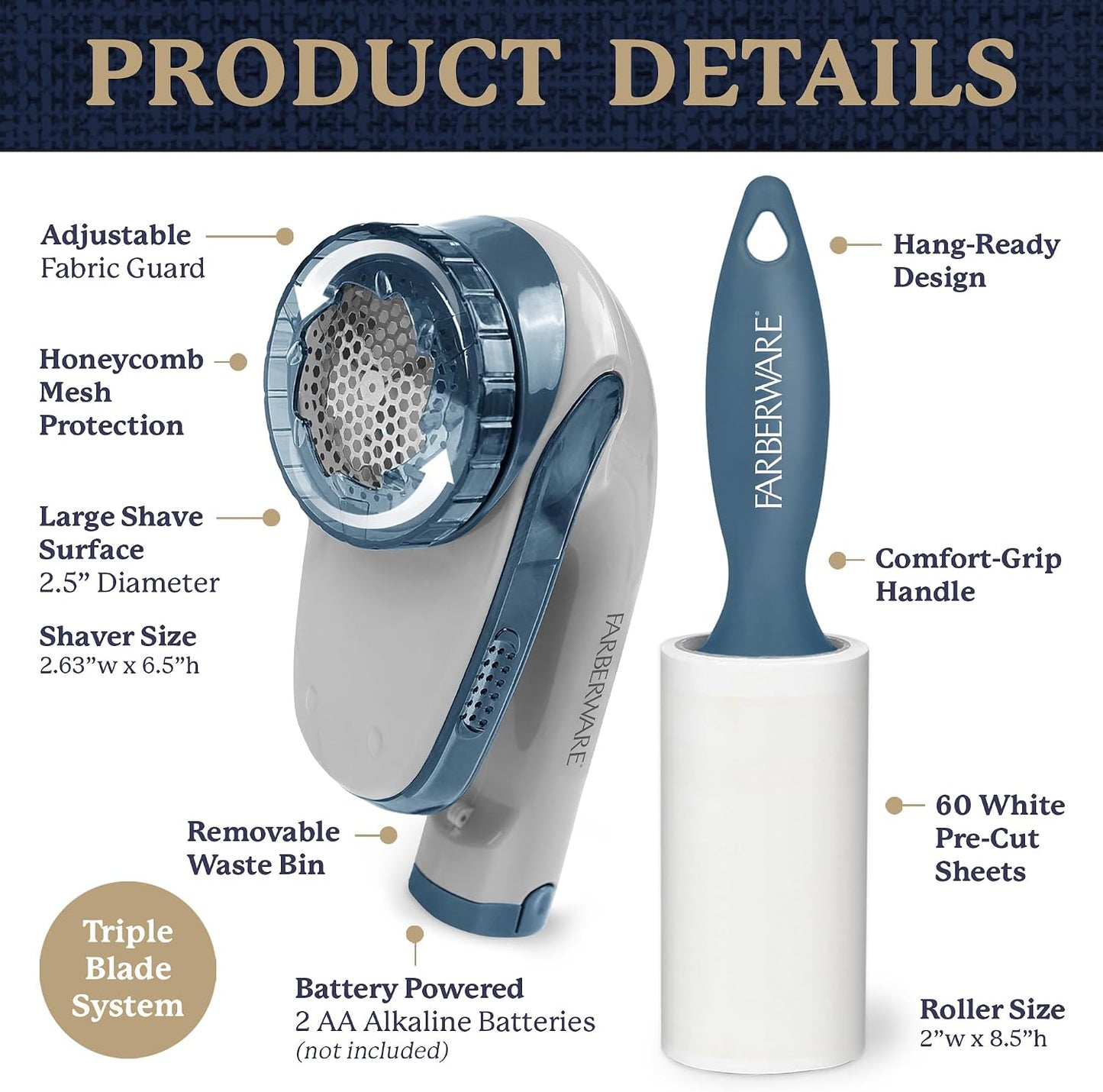 Farberware Fabric Shaver & Lint Remover Set–Battery Operated Sweater Shaver with Triple Blades and Extra Sticky Roller for Pet Hair, Fuzz & Pilling on Clothes, Upholstery & Bedding (Gray/Blue, Small)