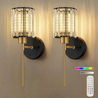 Crystal Battery Operated Wall Sconces, Brushed Gold Rechargeable Wireless Wall Sconce Lights with Dimmable Bulbs and Remote, 12 Colors and 3CCT Dimmable Crystal Lamps for Living Bedroom, 3000~6000K