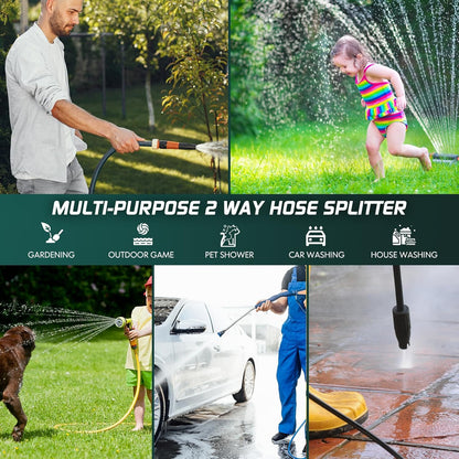 2 Way Garden Hose Splitter with Shut Off Valve,Water Spigot Splitter for 3/4" Hose Connector,Heavy Duty Metal Outdoor Faucet Splitter Y Connector for Garden Hose,with 3 Leakproof Washers & 1 tape