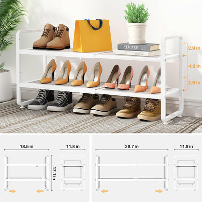 SNTD Shoe Rack - Expandable Shoe Organizer for Closet, Adjustable Metal Shoe Shelf Storage, Stackable Long Shoe Stand Holder for Garage, Entryway, Door Entrance (Black, 2-Tier)