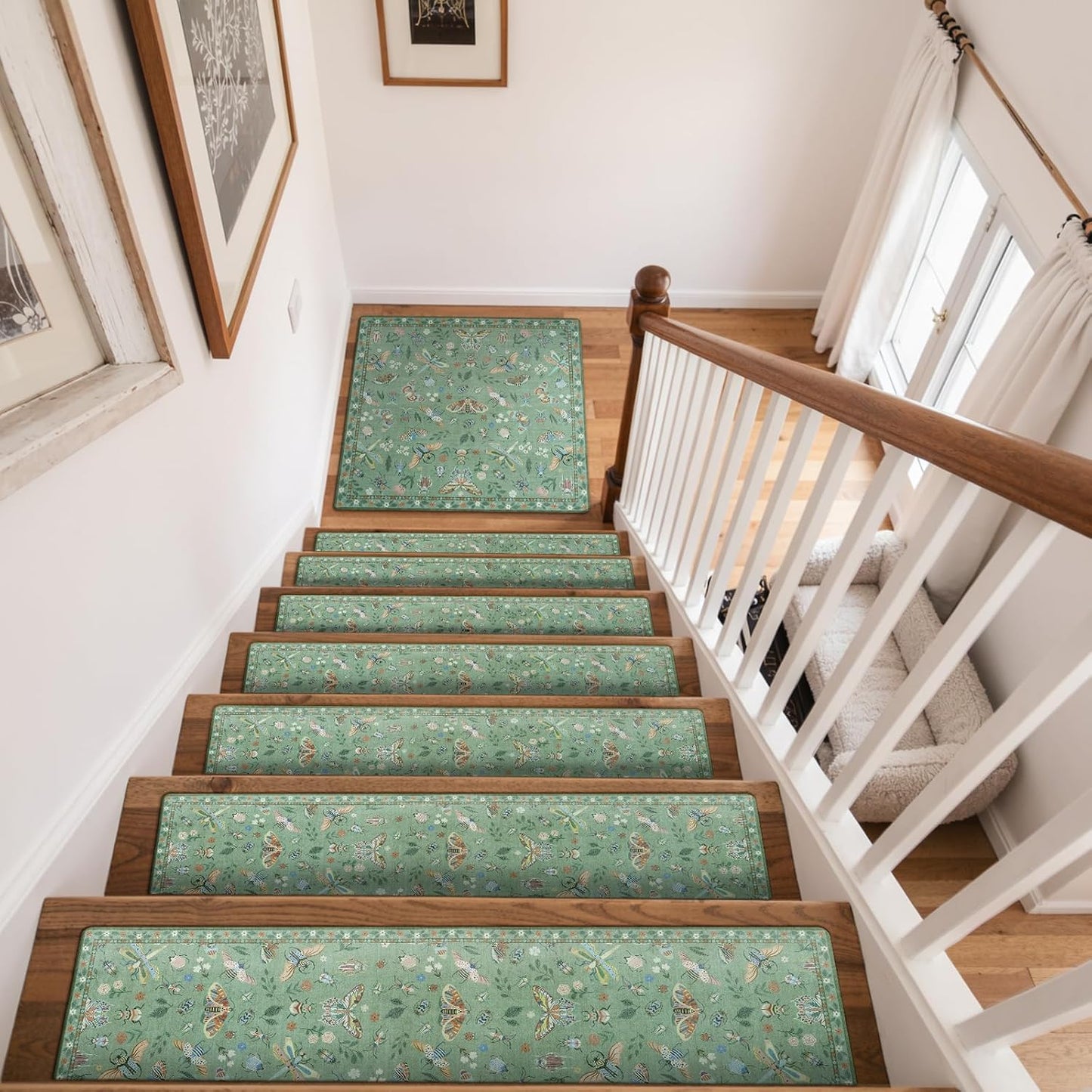 OJIA Insect Print Stair Treads Non Slip Stair Runners for Wooden Steps Indoor, 15PCS 8"x30" Rubber Backing Carpet Treads for Wood Stairs Staircase Step Treads for Kids & Dogs, Stair Covers, Black