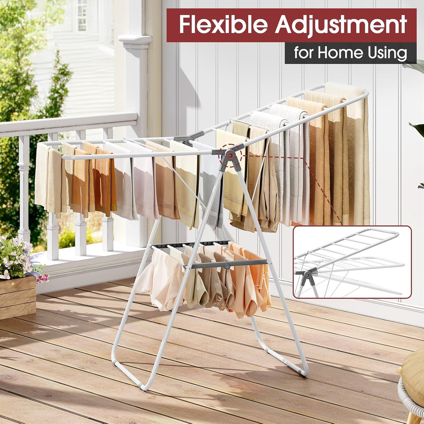APEXCHASER Large Stainless Steel Clothes Drying Rack, Drying Rack Clothing with Height-Adjustable, Foldable Gullwings Laundry Rack, Indoor Outdoor Use, No Assembly,Black
