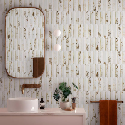 Vamos Peel and Stick Backsplash Seamless Tile for Kitchen and Bathroom,White and Beige Slate PVC Mixed Light Gold Self Adhesive Fish Scale Metal Mosaic Tiles (10 Sheets)