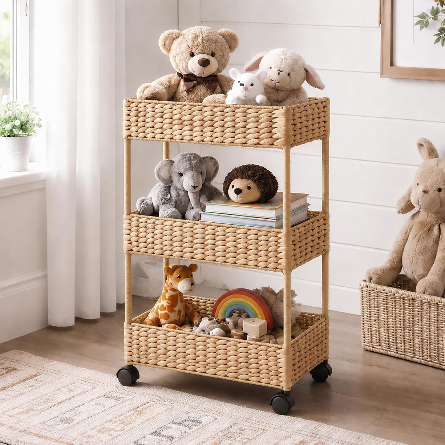 Casafield 3-Tier Rolling Storage Cart - Natural, Water Hyacinth Nursery Caddy, Utility Cart for Bathroom, Craft Room, Laundry Room Organization