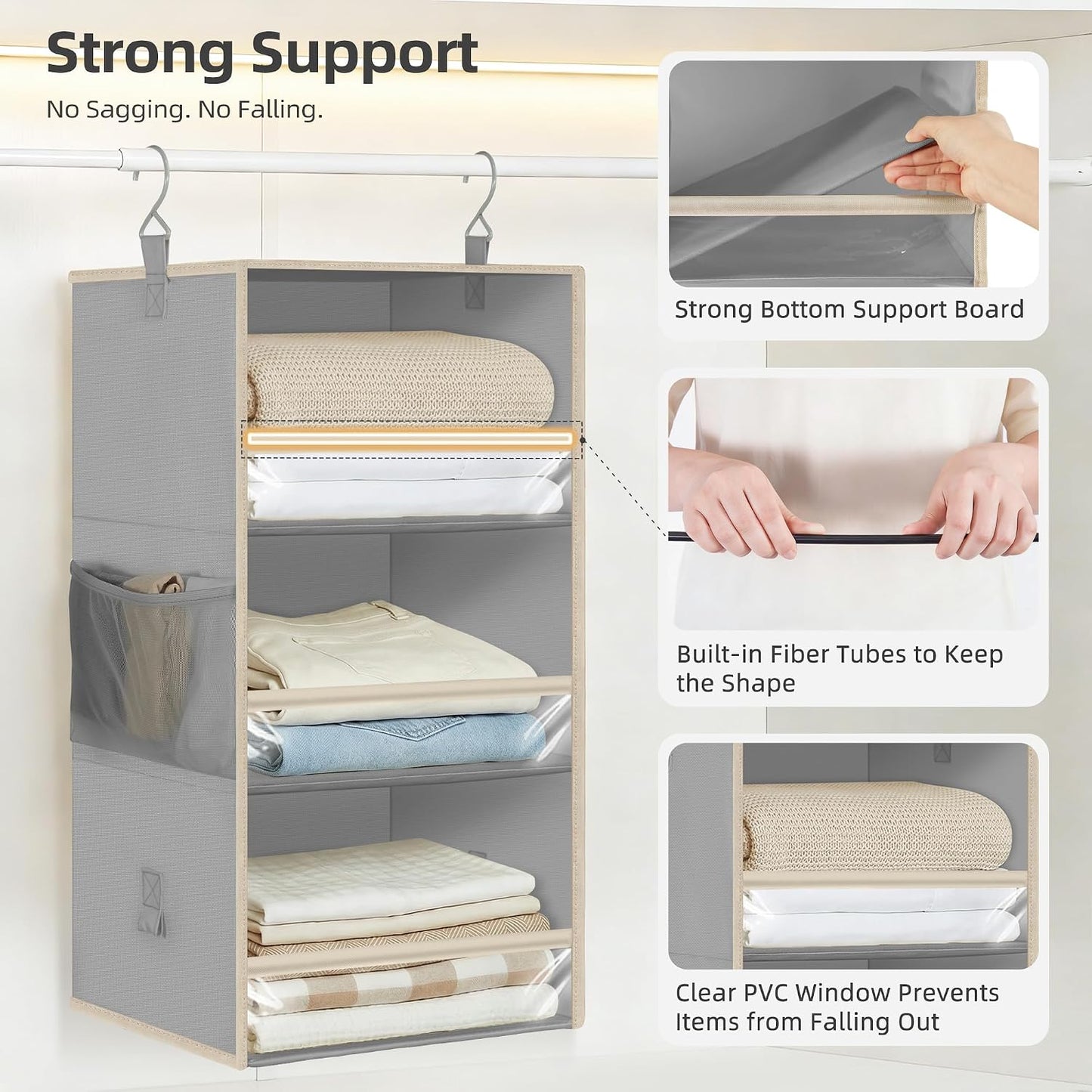 STORAGE MANIAC 6-Shelf Hanging Closet Organizer and Storage, 2 Separable 3-Shelf Haning Organizers for Closet, Collapsible Hanging Shelves Wardrobe Organization, College Dorm Room, Nursery, Beige