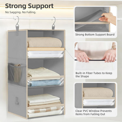 STORAGE MANIAC 6-Shelf Hanging Closet Organizer and Storage, 2 Separable 3-Shelf Haning Organizers for Closet, Collapsible Hanging Shelves Wardrobe Organization, College Dorm Room, Nursery, Beige