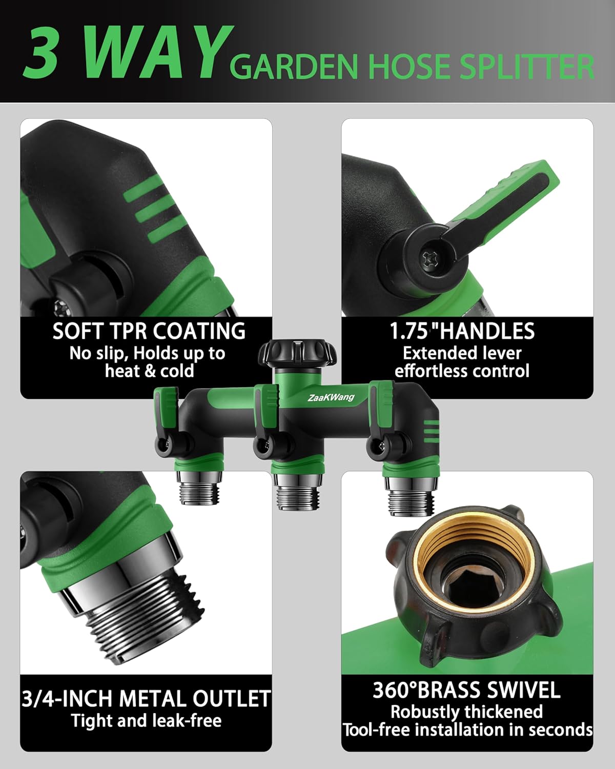 Garden Hose Splitter 2 Way, Heavy Duty Water Hose Spigot Bib Splitter, Outdoor Faucet Splitter with Shutoff Valve, T Adapter Connector with 3/4 - Inch GHT Thread (Grey)