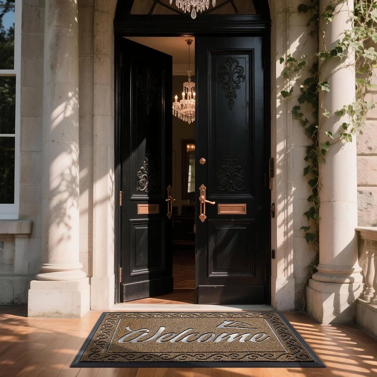 Yimobra Welcome Mat, Heavy Duty Sturdy Door Mats for Home Entrance Outdoor Indoor, Front Doormat for Outside Patio Floor Entry Porch Garage Office, Waterproof, Low Profile, 29.5x17, Black Grey