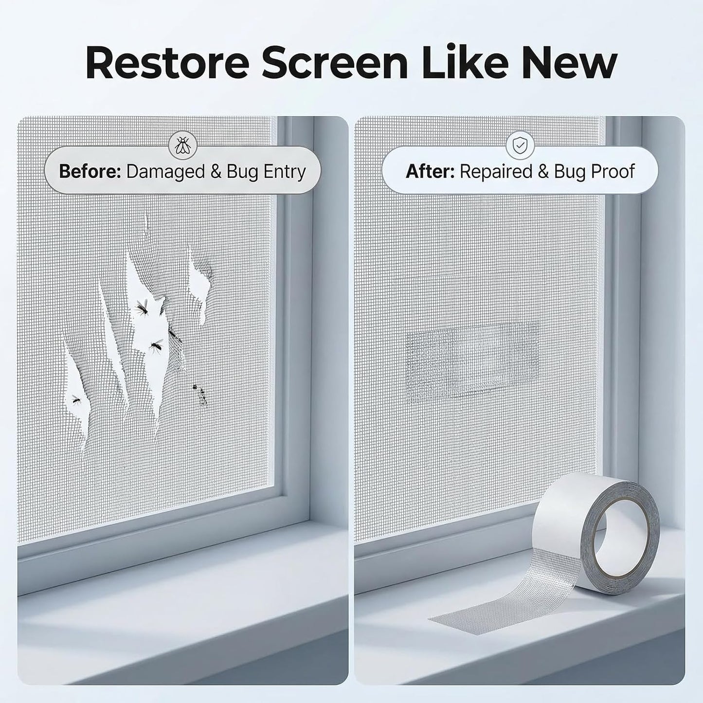 2 Pack Window Screen Repair Tape, Fiberglass Mesh Patch Kit for Holes Tears, Self-Adhesive Grey