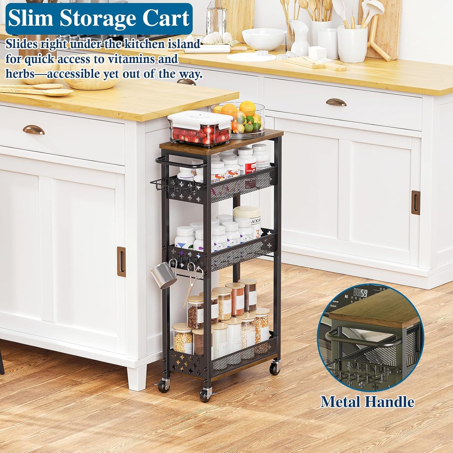 OKZEST Slim Laundry Room Organization Cart with Detergent Dispenser Holder | 4-Tier narrow rolling cart for small space, Holds tall bottles, Upgraded metal hub casters, Premium wood & metal mesh shelves