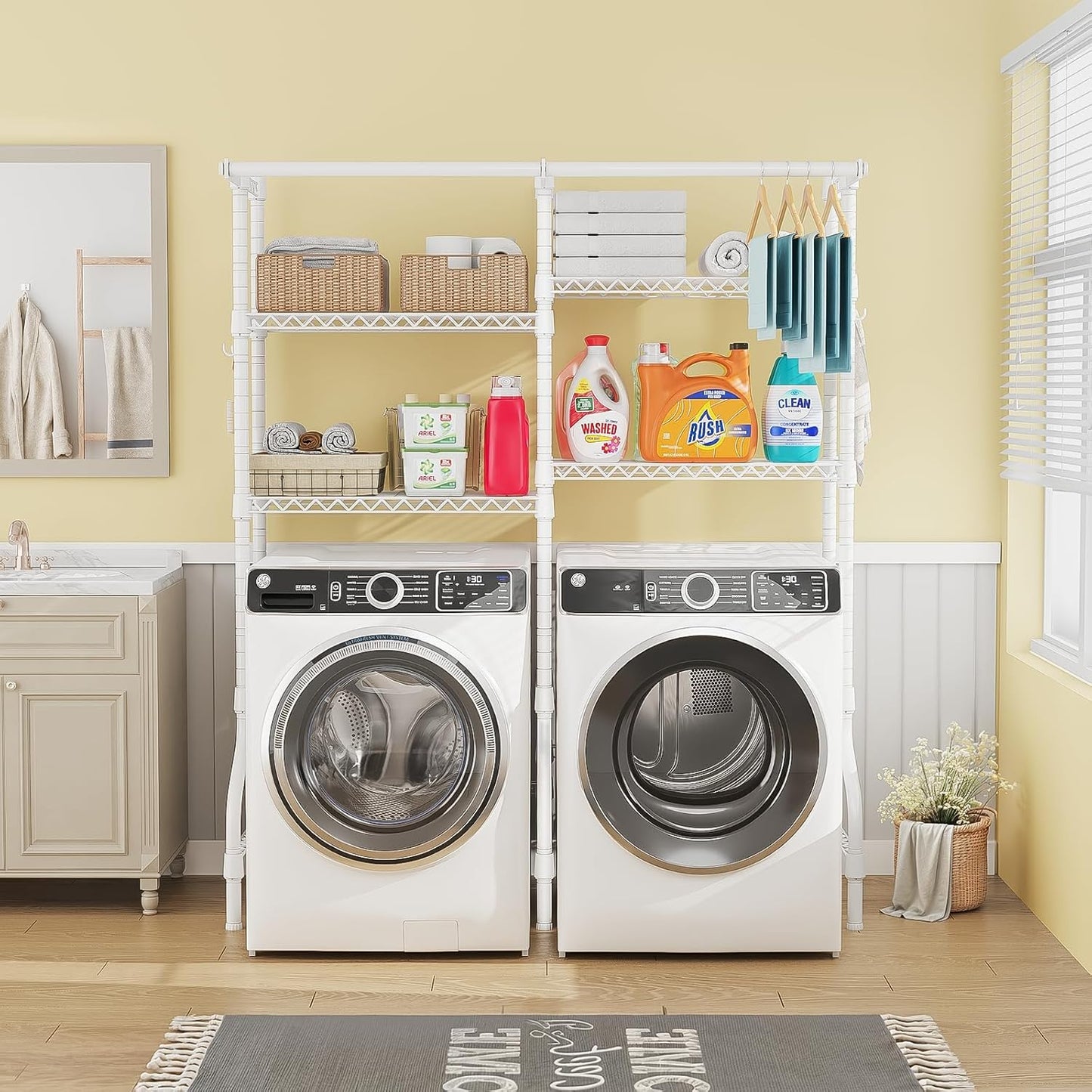 ULIFHOME U14 Over Washer and Dryer Storage Shelves, 4 Tiers Laundry Room Storage and Organizer System, Space Saving Clothes Drying Rack with 2 Clothes Hanger Rods, 66.5" W x 20.5" D x 77.4" H, Black