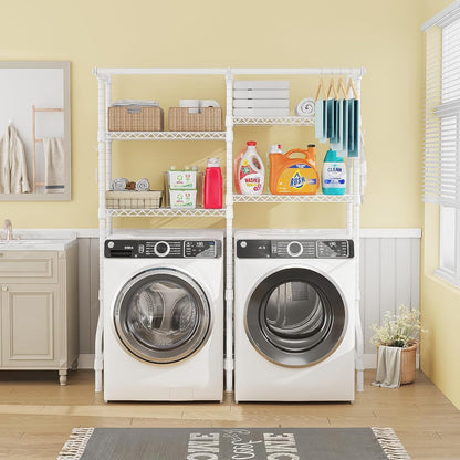 ULIFHOME U14 Over Washer and Dryer Storage Shelves, 4 Tiers Laundry Room Storage and Organizer System, Space Saving Clothes Drying Rack with 2 Clothes Hanger Rods, 66.5" W x 20.5" D x 77.4" H, Black
