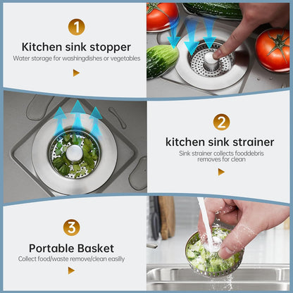 YYKBZ 3 in 1 Kitchen Sink Drain Strainer， Stainless Steel Pop Up Sink Stopper， Plug for Sink Drain Strainer with Anti-Clogging Basket for Us Standard 3-1/2"Drain Easy to Install （1pcs）
