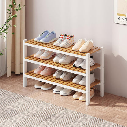 Bamboo Shoe Rack Organizer for Closet and Entryway - Space-Saving Narrow Shoe Stand - Versatile Shoe Holder for Door or Closet Shelf, Garage Bedroom can Freely Stack DIY Small Shoe Racks 3 Tier