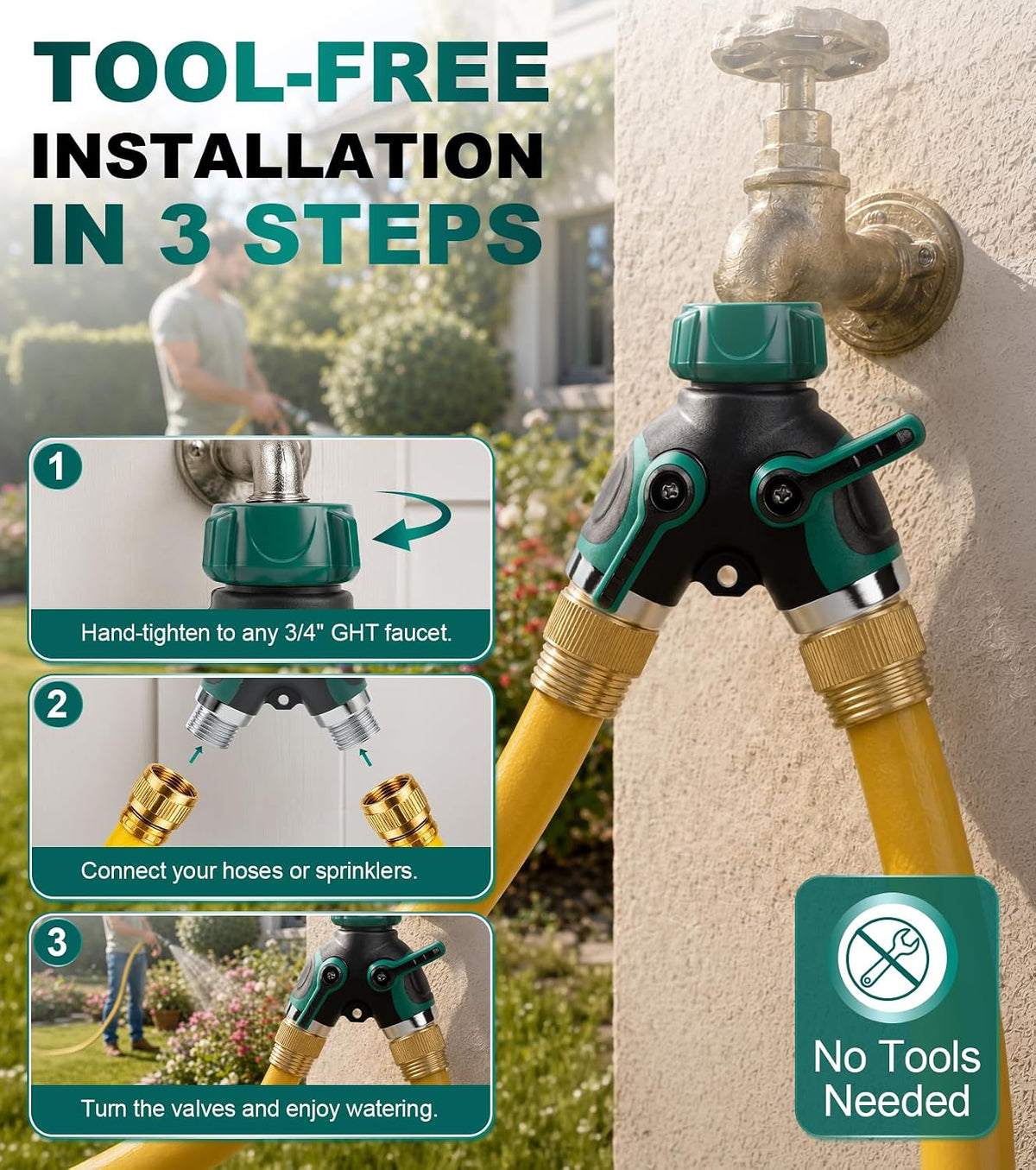 Garden Hose Splitter 2 Way, Heavy Duty Metal Water Hose Y Splitter with Shut Off Valves - 3/4" GHT Outdoor Faucet Spigot Bib Splitter for Irrigation Systems, Garden, Lawn, RV & Pet Bathing