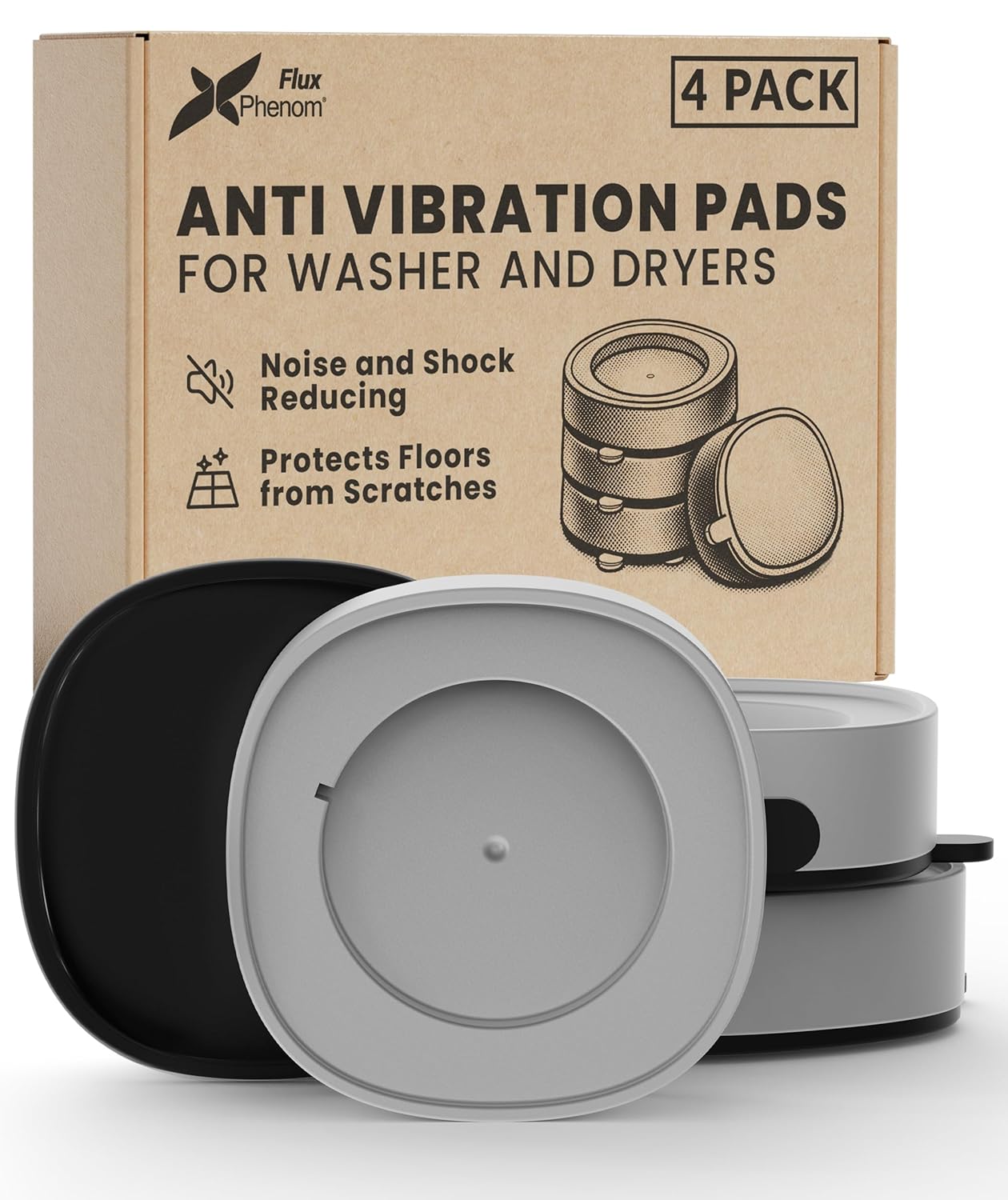Flux Phenom Anti-Vibration Pads for Washing Machine & Dryer – Non-Slip Rubber Isolation Pads, Shock Absorber Support Feet Risers, Washing Machine Stand Stability Mat for Floor Protection (4 Pack)