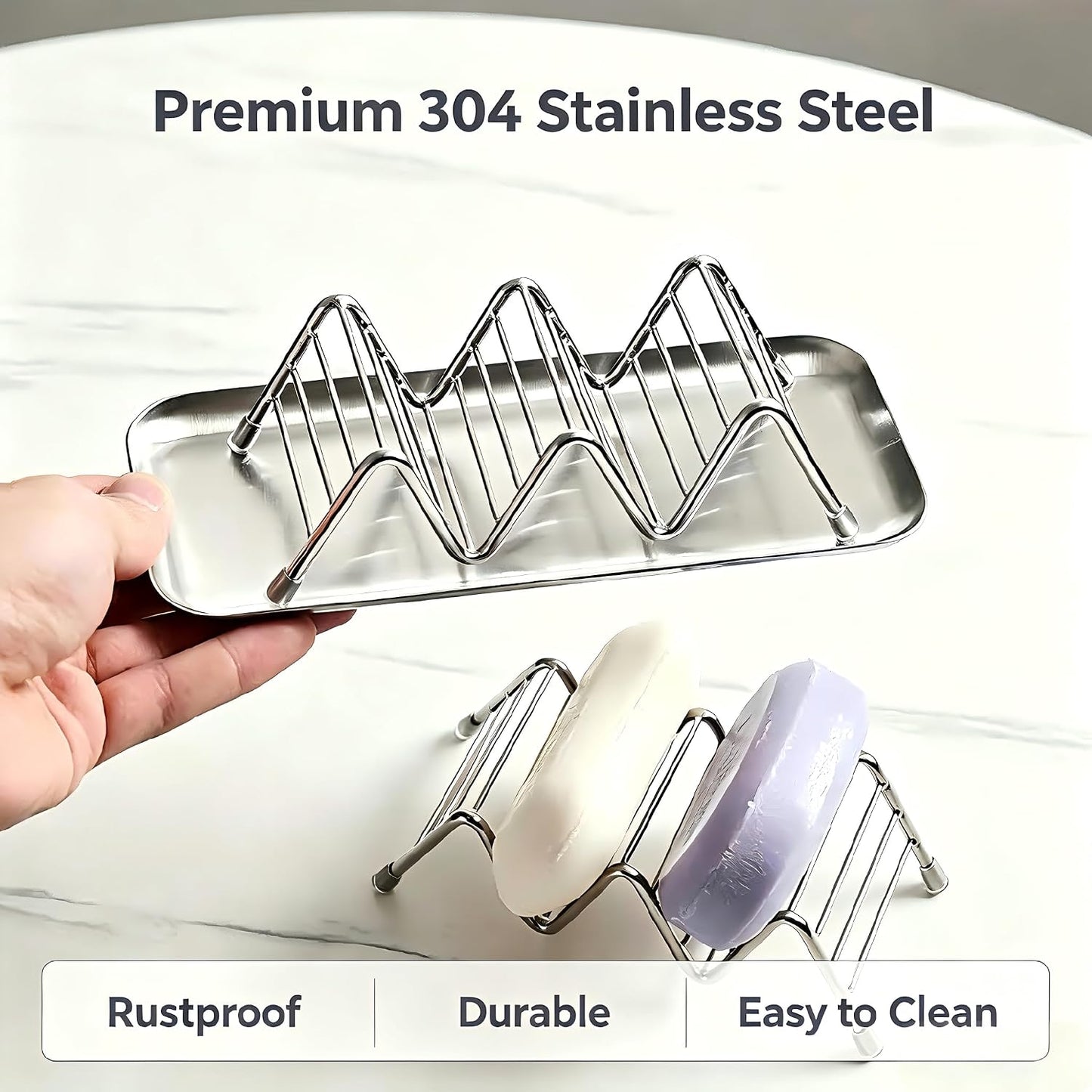 304 Stainless Steel Wavy Soap Dish, Self Draining Shampoo Bar Holder with Removable Drip Tray, Rustproof Quick Dry Bar Soap Organizer for Shower Bathroom Kitchen, Holds 2-3 Bars, 1 Pack
