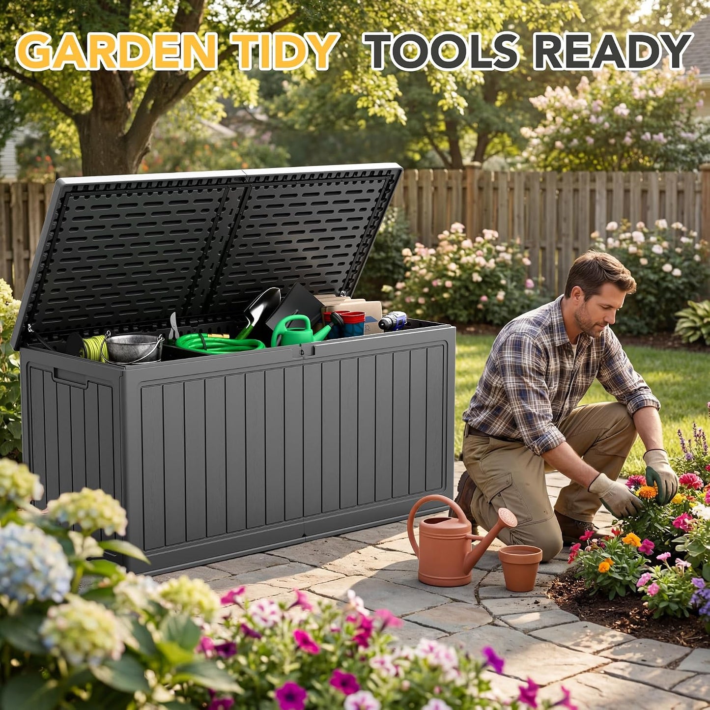 32 Gallon Deck Box Outdoor Indoor Waterproof Storage Box for Patio Furniture, Pool Accessories, Garden Tools, and Cushion Storage, Black