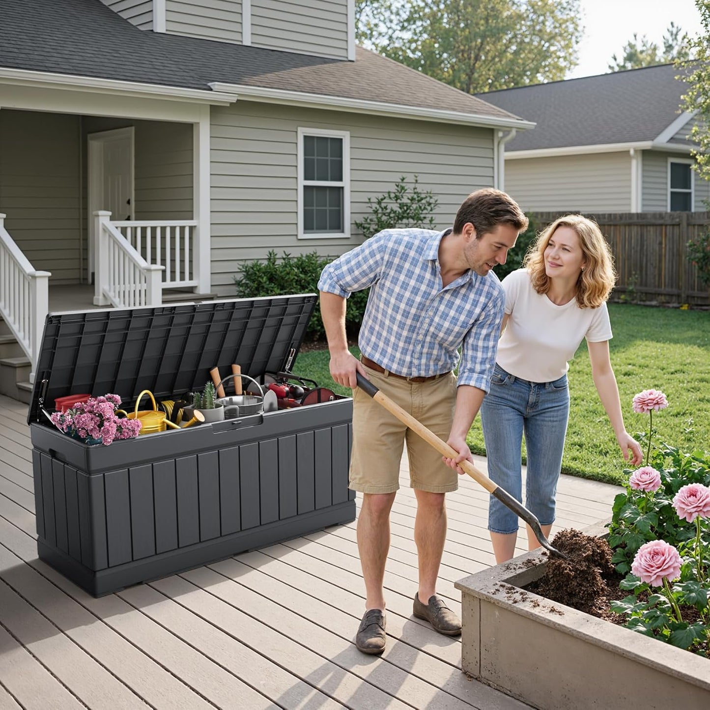 Flamaker Outdoor Storage Box 80 Gallon Resin Waterproof Deck Box Delivery Box with Wood Texture Large Storage Bin for Patio Cushions, (Grey)