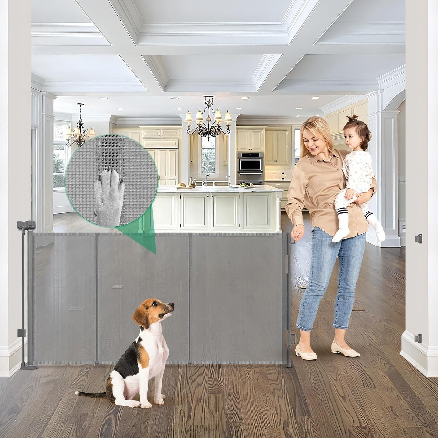 Reinforced 50" Wide Retractable Baby Gates for Doorways, Retractable Dog Gate for Stairs with Support Rods – Prevent Crawling Under, Outdoor Indoor Mesh Baby Gate Retractable Gates for Dogs, White